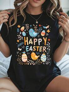 Women's Easter T-Shirt, Graphic Tee For Spring Festival, Easter Egg And Chick Print, Loose Fit, Casual Top For Women, Easter Gift Idea - 黑色 - 查看 6
