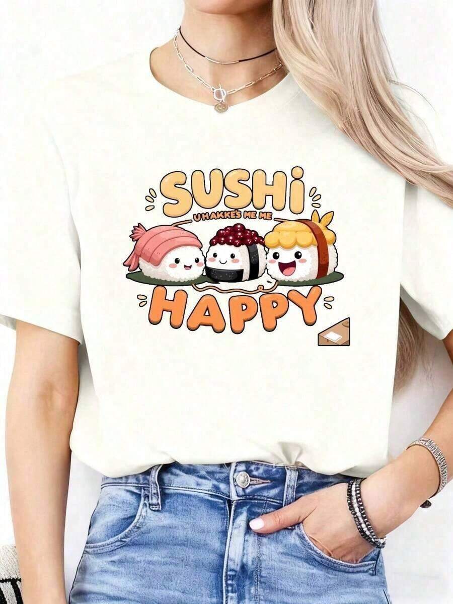 2026 New Cotton-Shirt 100% Cotton 1 Piece Of Women's Short Sleeve T-Shirt With Fun Cartoon Rice Ball Print, Round Neck, Suitable For: Sporting Events/Christmas Parties/Outings/Sports And Other Holiday Gifts. % Cotton. Simple Solid Color Women's T-Shirt, Loose And Fitted Cut, Casual Short Sleeve. - 白色的 - 查看 1