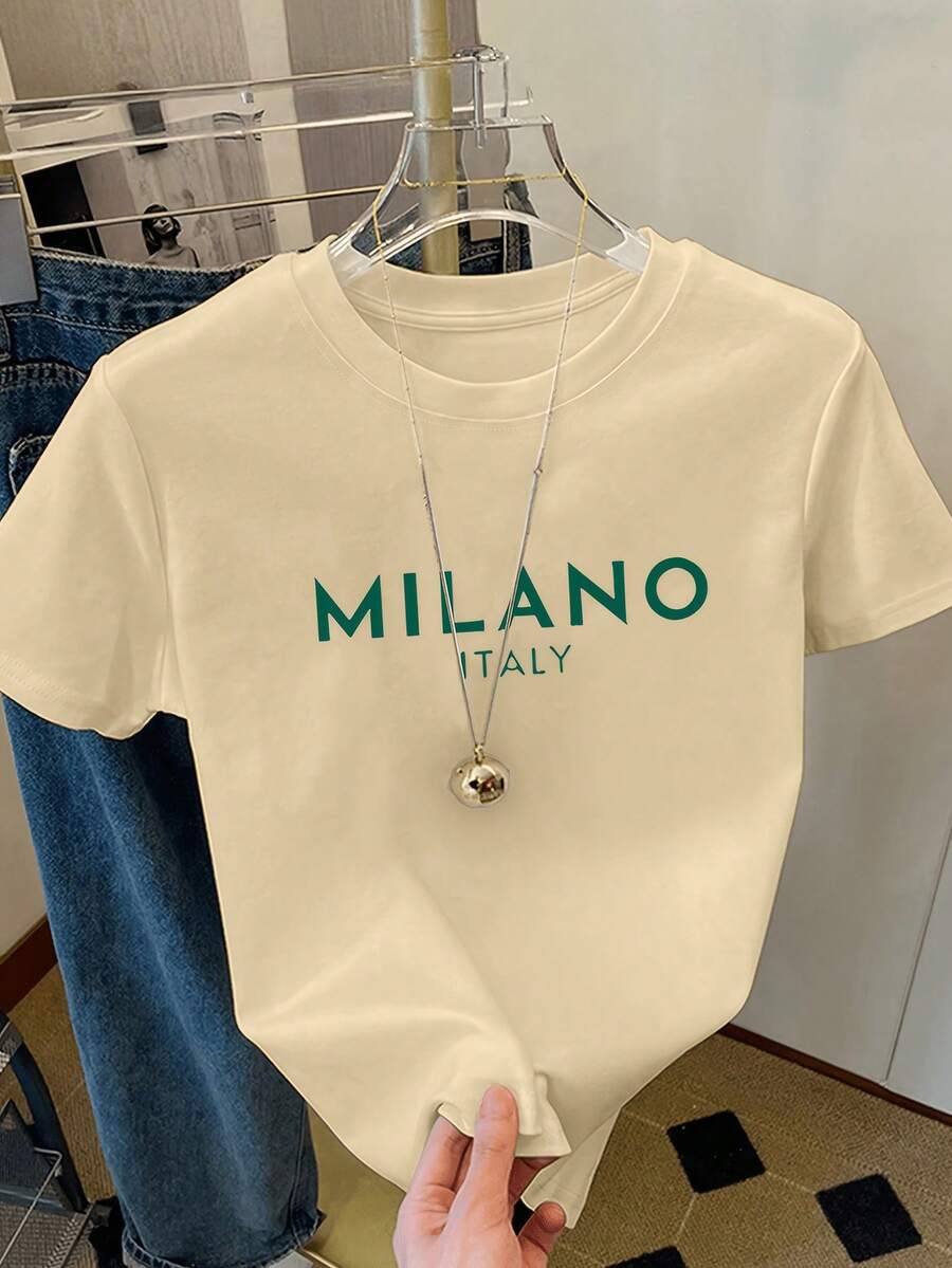 Camiseta con estampado de letras, manga corta y cuello redondo, top casual para verano y primavera, ropa de mujer - Caqui 3 - Ver 1