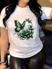 Women's Blouses, Women's Casual Style Graphic Print Butterfly And Pink Loose Round Neck Short Sleeve Spring Summer Daily Wear T-Shirt, Women's T-Shirt - 白色的 - 查看 12