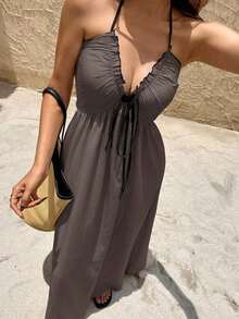 Vestido largo y sin espalda con escote en V para playa para mujer - Marrón Mocha - Ver 5