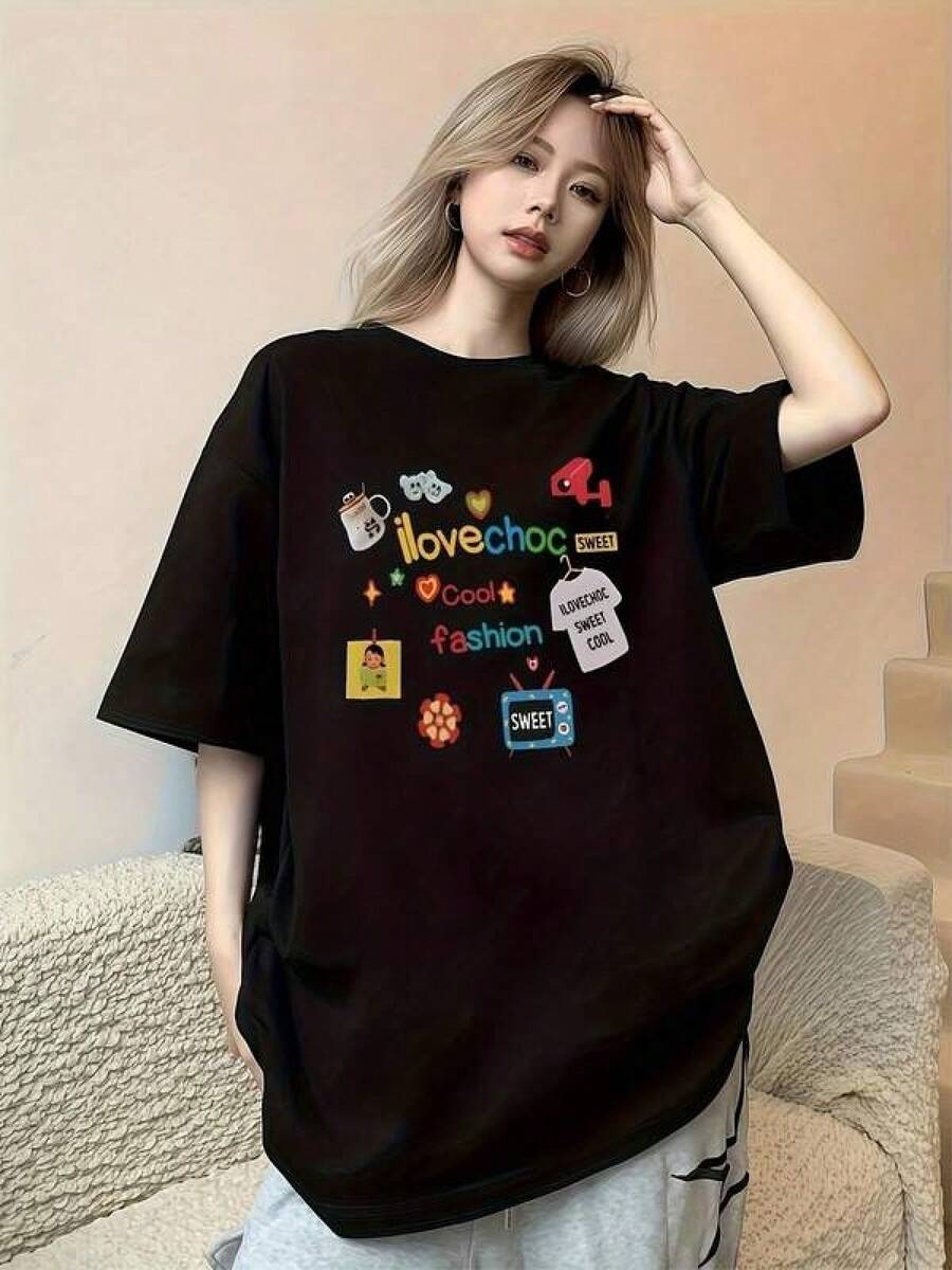 New 2026 Women's T-Shirts, Couple T-Shirts, Modern Fun Printed T-Shirt, Original Design, Urban Style, Casual, Comfortable, Suitable For Everyday Wear, Available In Black, Fashion Clothing - 黑色 - 查看 1