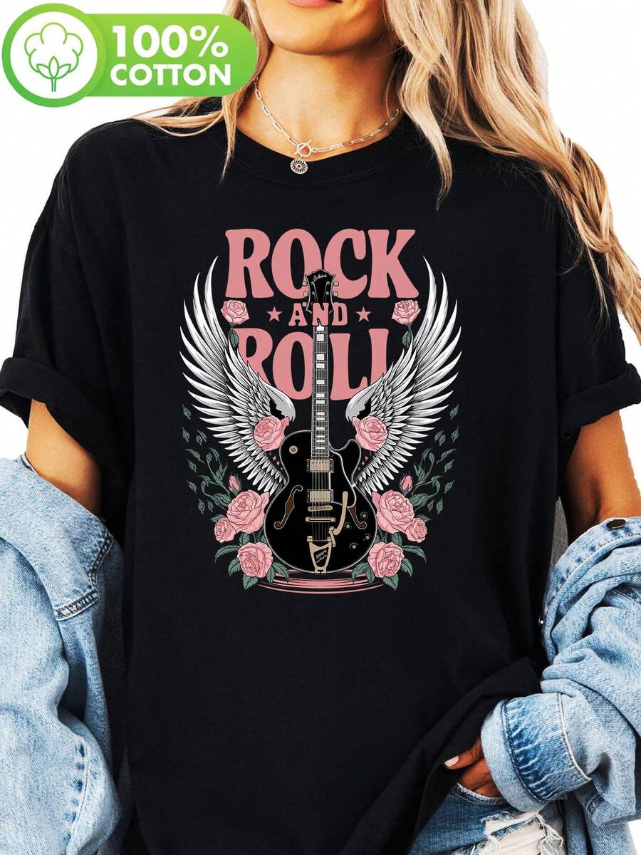 Women's Vintage Rock Print T-Shirt - Soft Black Crew Neck T-Shirt With Guitar, Wings, And Floral Print Design - Casual Concert Wear, Weekend Style, Breathable Short Sleeve Top, Music Festival Essential, Women's Blouses - 黑色 - 查看 1