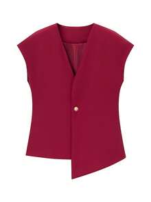 Women's Dress Vest, Sleeveless Design With V-Neck And Front Button Closure, Fitted Sack-Style Cut, Available In Various Solid Colors (Beige, Burgundy, Olive Green, Brown, Black), Faux Wool Fabric With A Fluid Drape, Elegant And Professional Style Ideal For Office, Work And Formal Spring And Autumn Events. - 紅色 - 查看 5
