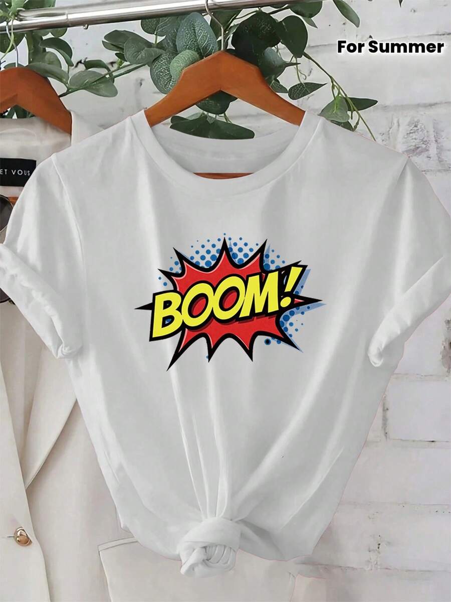 Women's T-Shirt With Explosive Monogram Print, Casual, Holiday, Short Sleeve, Round Neck, Spring And Summer, Machine Washable, New Women's Clothing, Versatile And Urban Fashion, Size S - 白色 - 查看 1