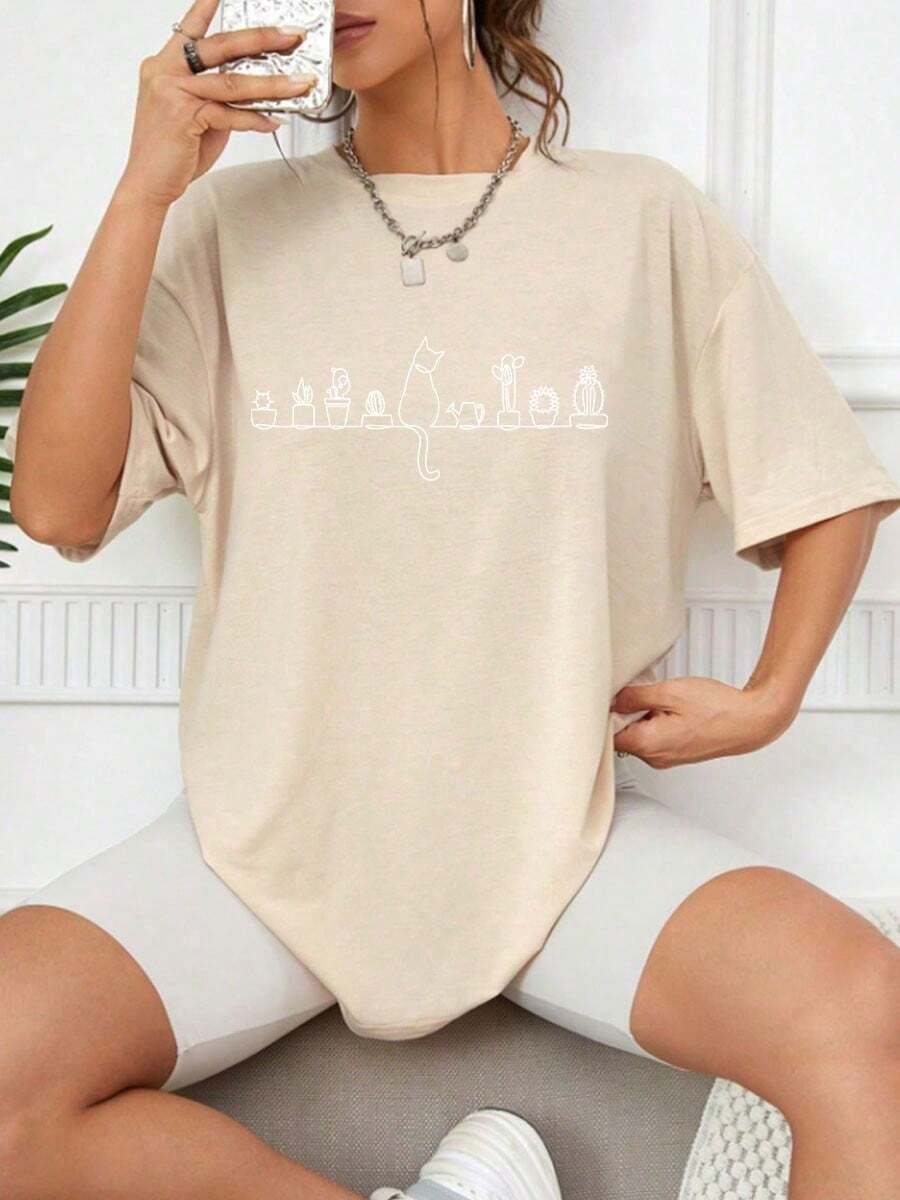 Women's Round Neck T-Shirt With Cat And Potted Plant Print. - 杏色 - 查看 1