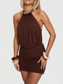 Women's Halter Neck Ruched Dress Sleeveless Backless Solid Color Bodycon Mini Dress Clubbing Party Dress - Rust Brown - View 2