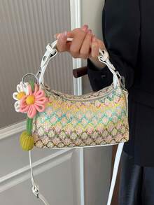 Bolso de mano de piel de serpiente sintética tejida de unicolor de cuero de PU, estilo minimalista, de moda y versátil, viene con un dije de patrón aleatorio - Multicolor - Ver 3