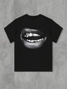 Men's Black T-Shirt With An Eye-Catching Lips And Teeth Design, Made Of Breathable Fabric. This Loose-Fitting Shirt Is Perfect For Casual Wear Or Parties, And Is Machine Washable. A Perfect Gift For Your Boyfriend Or Husband. Loose And Comfortable. - 後退 - 查看 6