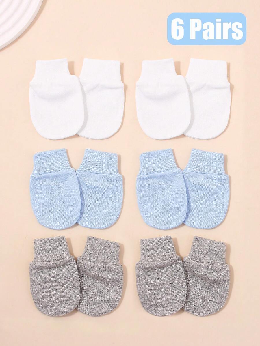 6 pares de manoplas de unicolor para bebés, protectores de manos para recién nacidos adecuados para el juego y uso diario - Blanco, azul, gris - Ver 1