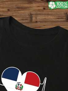 New, Stylish, Crew Neck, Breathable, Casual Short-Sleeve Graphic T-Shirts For Women Featuring Elements Of The Dominican Republic Flag, Perfect For Family Trips, Leisure Days, And Outdoor Activities. 100% Cotton. - 黑色 - 查看 4