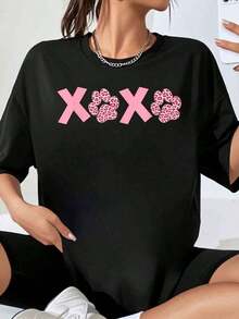 Women's Xoxo Pink Leopard Paw Print Oversized T-Shirt, Casual Summer Top, Fashion Graphic Tee, Unisex Streetwear Style - 黑色 - 查看 7