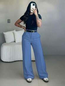 High-Waisted Wide-Leg Trousers With White Stripes, Bohemian Street Style, Suitable For Casual Wear And Going To Work In Spring/Summer (Belt Not Included) - Ginger - View 5