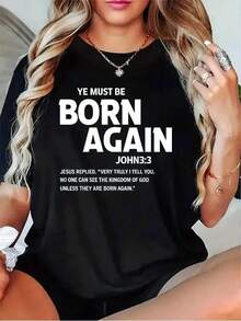 Women's Casual Sports T-Shirt With Round Neck In Black With Text YOU MUST BE BORN AGAIN - Elastic, Machine Washable And Comfortable Fit, For All Seasons And Casual Style. - Black - View 1
