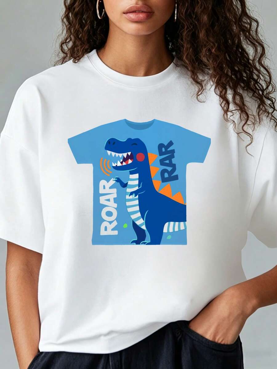 Women's Printed T-Shirt With Blue Cartoon-Rex Graphic And ROAR Text - Casual Short Sleeve Crew Neck T-Shirt, Relaxed Fit For All Seasons, Perfect For Everyday Wear And Holiday Outfits (Machine Washable). - 白色 - 查看 1