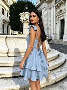 European And American New Spring/Summer Spaghetti Strap Elegant Sleeveless Dress Women, Double Ruffle Hem Bodycon Backless Sexy Mini Dress - Blue - View 4