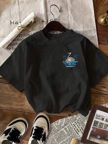 | Exquisite Design | Loose And Comfortable | Easy To Match | [Double-Sided Print] LANIKAI BEACH Hawaii Vintage Beach Print Short Sleeve Crew Neck Pure Cotton T-Shirt [Lang] - 黑色 - 查看 2