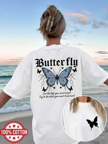 | Exquisite Design | Loose And Comfortable | Easy To Match | [Double-Sided Print] Women's Loose-Fitting Spring/Summer T-Shirt, Vintage Style With Butterfly Print. Short-Sleeved, Round Neck, Pure Cotton, Loose Fit, And Dropped Shoulders. [Lang] - 白色 - 查看 6