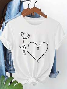 Women's T-Shirt With A Minimalist Print Of Hearts And Floral Lines, Short Sleeves, Round Neck, Casual Style For Spring And Summer, Suitable For Everyday Wear, Casual Outings, And As A Holiday Gift. Women's T-Shirts. - 白色 - 查看 7