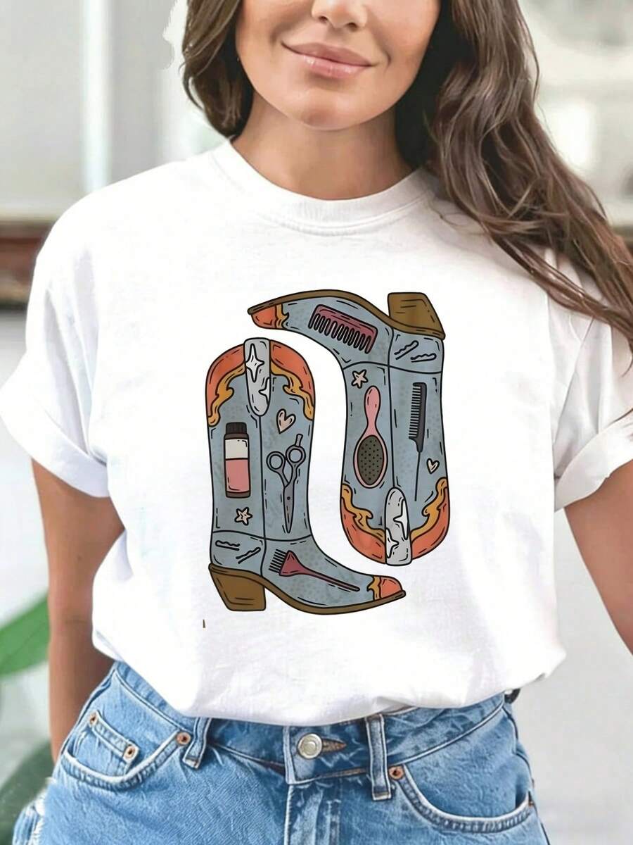 Camiseta de Verano Premium Estampada para Mujer, Camiseta de Manga Corta para Mujer, Pieza Única, Estampado de Botas de Vaquero y Herramientas de Peluquería, Cuello Redondo, Tejido de Algodón Puro, Cómoda y Transpirable, Suave y No Irritante, Adecuada para Citas Diarias, Viajes, Deportes y Uso en Múltiples Escenarios, Tallas: S-XXL - Blanco - Ver 1