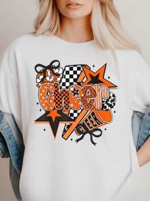 Vintage Cheerleader T-Shirt, Star And Bow Cheerleader T-Shirt, Orange And Black Plaid Cheerleader T-Shirt, 100% Regular Fit, Stretch Fabric Christmas T-Shirt, Christmas Gift, Gift For Her Or Him, Clothing For Halloween, Thanksgiving And Everyday Wear - Machine Washable. - 白色 - 查看 6