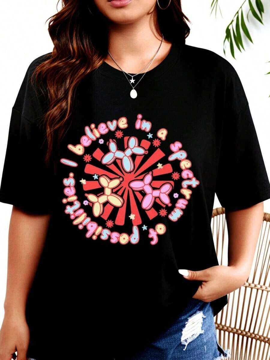 Women's "Believe In A Little Magic" T-Shirt With Colorful Balloon Dog Design, Summer Casual Wear, Festival And Party Outfit - 黑色 - 查看 1