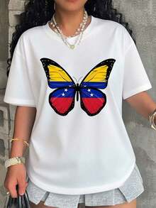 Women's T-Shirt, Flag And Butterfly Design, Fashionable Casual T-Shirt For Women, National Pride Graphic T-Shirt, Summer Clothes For Girls And Women, To Celebrate Independence Day - 白色 - 查看 7