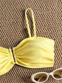 Bộ bikini màu vàng trơn với áo quây có nơ và quần cạp cao, đồ bơi mùa hè dành cho nữ. - Màu vàng - Xem 5