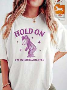 Camiseta de Mujer 100% Algodón, Camiseta Retro con Estampado de Oso de Dibujos Animados, Top Holgado de Manga Corta con Estampado de Letras para Verano - Blanco - Ver 7