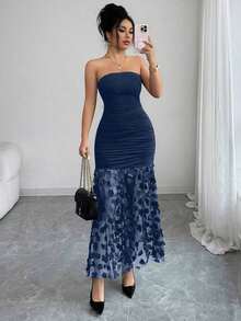 Elegante y lujoso vestido de noche para mujer de unicolor, con cintura fruncida, ajuste ceñido y contraste de malla floral - azul real - Ver 8