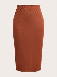 2 piezas Conjunto de falda casual de mujer a rayas y de unicolor, Conjunto a juego, Falda, Faldas para mujer, Falda a rayas, Casual - Café integral - Ver 3