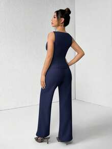 PETITE Conjunto de chaleco y pantalones de un solo pecho de unicolor con cuello redondo, elegante traje de oficina para mujer, ropa de mujer de verano y otoño, conjunto de oficina, ropa casual de negocios, conjunto de dos piezas, ropa de oficina de otoño para mujer, conjunto de blazers para mujer - Azul marino - Ver 2