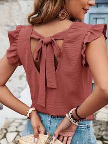 Blusa de verano para mujer con espalda cruzada, volantes y color sólido - Color caoba - Ver 3