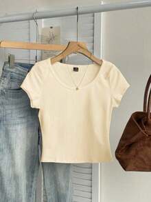 Camiseta ajustada de mujer con cuello de pico, manga raglán y patrón minimalista, 95% algodón, color caqui - Albaricoque - Ver 7