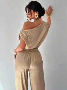 Conjunto de blusa suelta asimétrica sin hombros con baño de oro sin mangas y pantalones de pierna ancha con cintura elástica, adecuado para citas, fiestas, viajes diarios, festivales de música, ceremonias de graduación, atuendos de maestros y ocasiones formales - Dorado - Ver 5