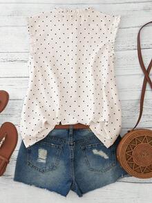 Blusa sin mangas de talla grande con estampado de lunares, tejido de bambú y nudo, de estilo de lino sintético, para primavera/verano - Beis - Ver 2