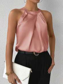 Blusa de crepé champán con cuello fruncido, sin mangas, elegante y sencilla para la oficina, para uso diario y de oficina - Rosa vieja - Ver 4