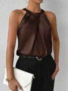 Blusa de crepé champán con cuello fruncido, sin mangas, elegante y sencilla para la oficina, para uso diario y de oficina - Marrón Chocolate - Ver 4