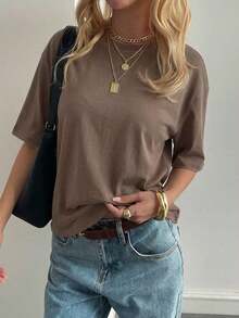 Blusa básica de manga corta, cuello redondo, corte holgado, para mujer, otoño/invierno - Café integral - Ver 5