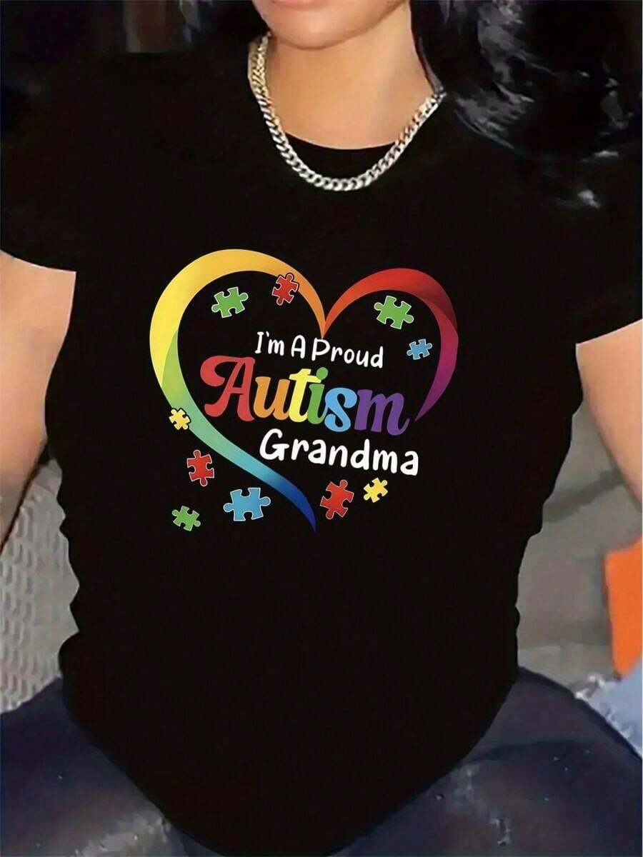 Women's Short Sleeve Crew Neck T-Shirt - Soft And Lightweight Everyday T-Shirt With Rainbow Heart Print - Comfortable Casual Shirt, Suitable For Daily And Special Occasions, Granny Style, Loose Fit, Medium Elasticity Fabric, Loungewear, Stylish T-Shirt, Durable Material, Short Sleeve T-Shirt, Gift For Grandparents. - 黑色 - 查看 1