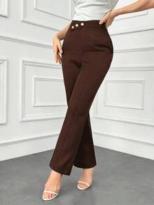 Pantalones elegantes de mujer con pierna recta, cintura suelta y detalles de botones para otoño/invierno - Café integral - Ver 6
