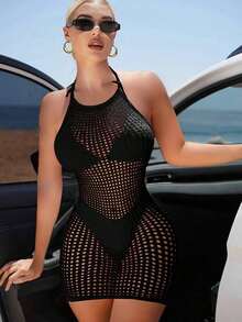 Swim  Vestido de encubrimiento sin mangas con cuello halter para mujeres para vacaciones de verano en la playa con apliques huecos - Negro 2 - Ver 4
