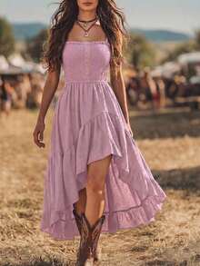 Vestido de mujer de longitud media con cintura ceñida, estilo bohemio casual de vacaciones, parte delantera corta y parte trasera larga - Gris - Ver 12