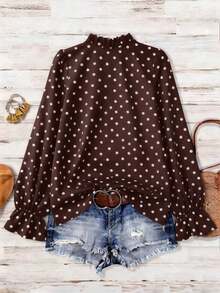 Camisa casual de manga larga con volantes y lunares de gasa, de talla grande, color marrón, adecuada para el ocio y las vacaciones de verano - Marrón - Ver 2