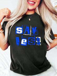 Blue Say Less Royal Blue Graphic T-Shirt Cotton Graphic Tee For Women, Round Neck Short Sleeve Casual Tops - 黑色 - 查看 1