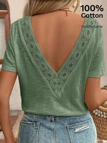 Top con espalda al descubierto y encaje entrelazado, camiseta, blanco imprescindible, conjunto de verano, imprescindible de la temporada de bodas, estilo francés - Verde Oscuro - Ver 1