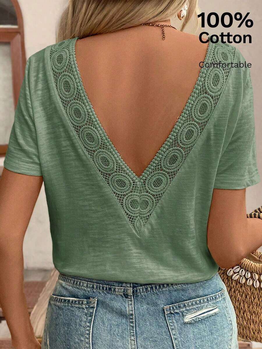Top con espalda al descubierto y encaje entrelazado, camiseta, blanco imprescindible, conjunto de verano, imprescindible de la temporada de bodas, estilo francés - Verde Oscuro - Ver 1