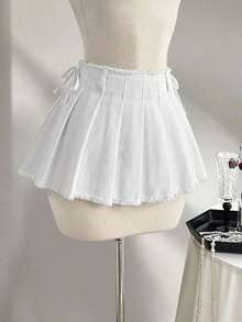Minifalda de mezclilla con pliegues y deshilachados de moda para mujer - Blanco - Ver 12
