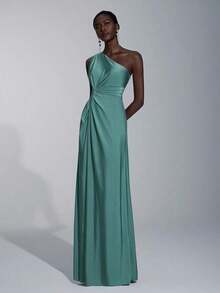 Vestido holgado de dama de honor de línea A con un hombro, de tela elástica tejida de color verde romántico y elegante - Verde - Ver 8