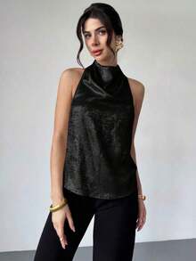 Blusa de satén dorado con cuello de tortuga y espalda de halter, elegante y casual para ir al trabajo/Look de Año Nuevo/Blusa sexy/Blusa brillante/Blusa para fiesta/Blusa de estilo "Old Money"/Blusa dorada - Negro - Ver 6
